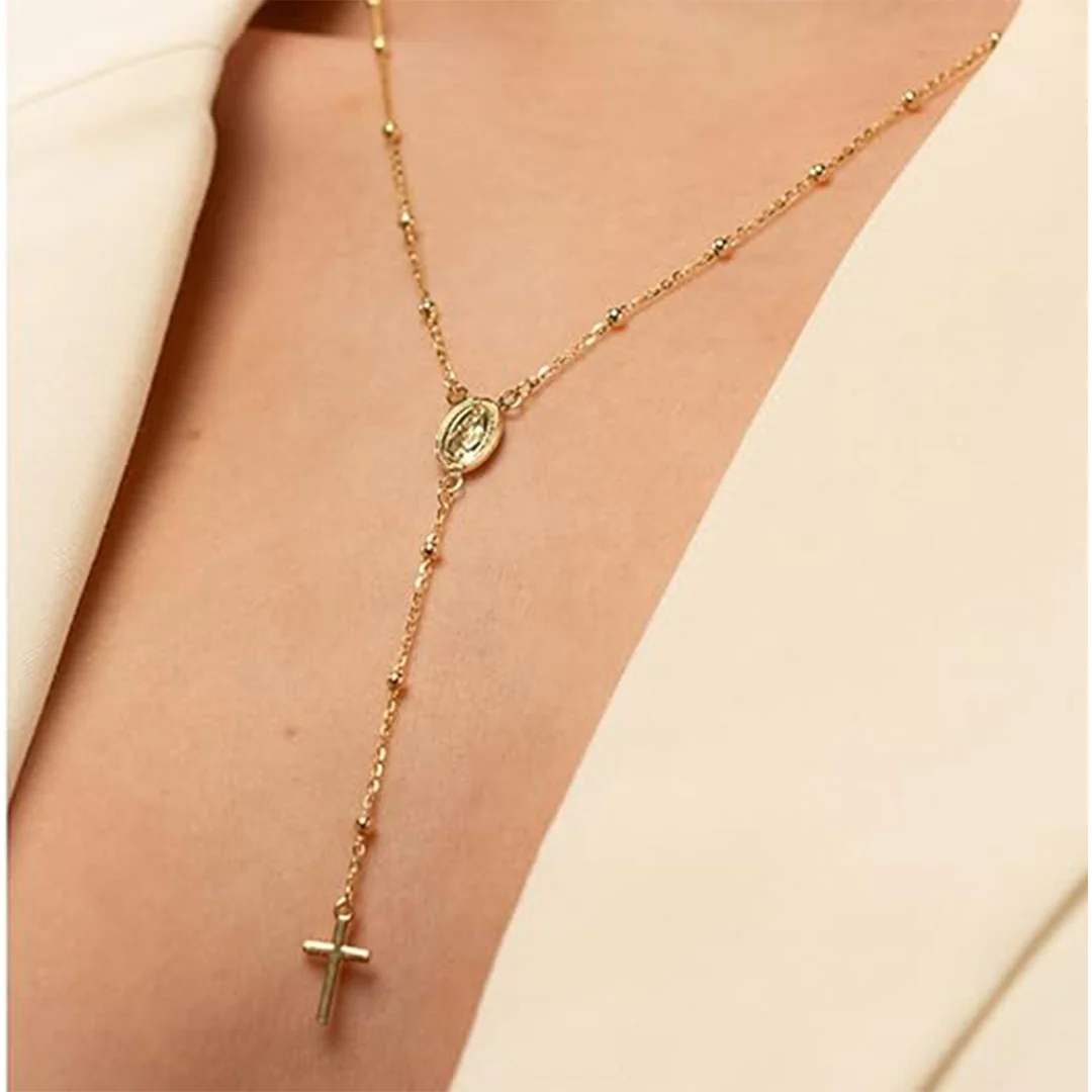 Gold Necklace (Beaded Cross Chain with Rosary Virgin Mary Pendant) 18KT - FKJNKL18K2088 - Image 3