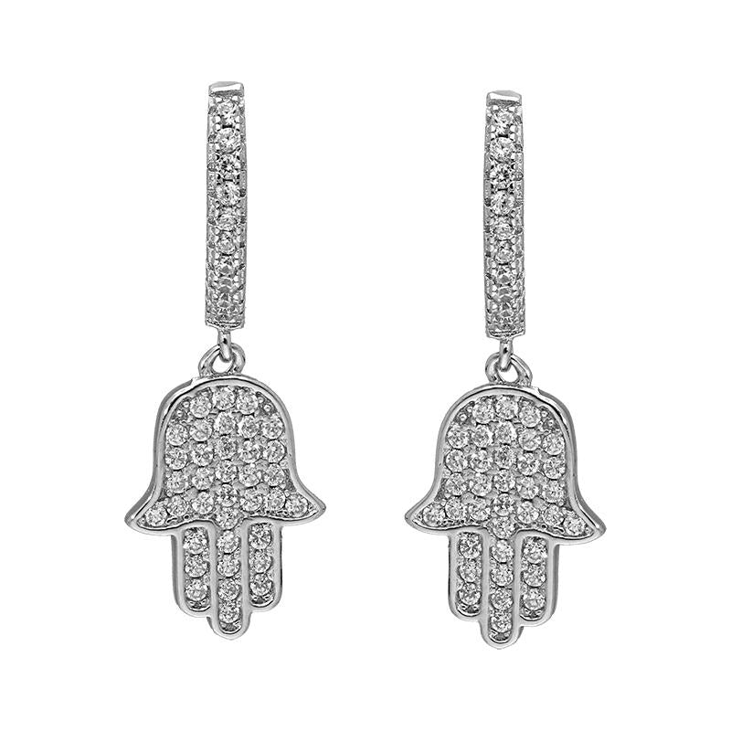 Sterling Silver 925 Hamsa Hand Drop Earrings - FKJERNSL2477