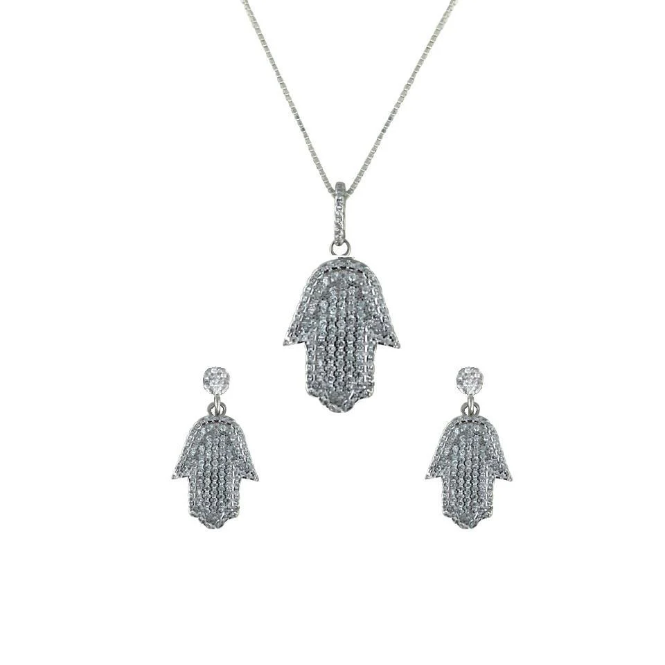 Sterling Silver 925 Hamsa Pendant Set (Necklace and Earrings) - FKJNKLST1765