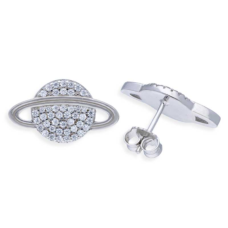 Sterling Silver 925 Saturn Shaped Stud Earrings - FKJERNSLU3147